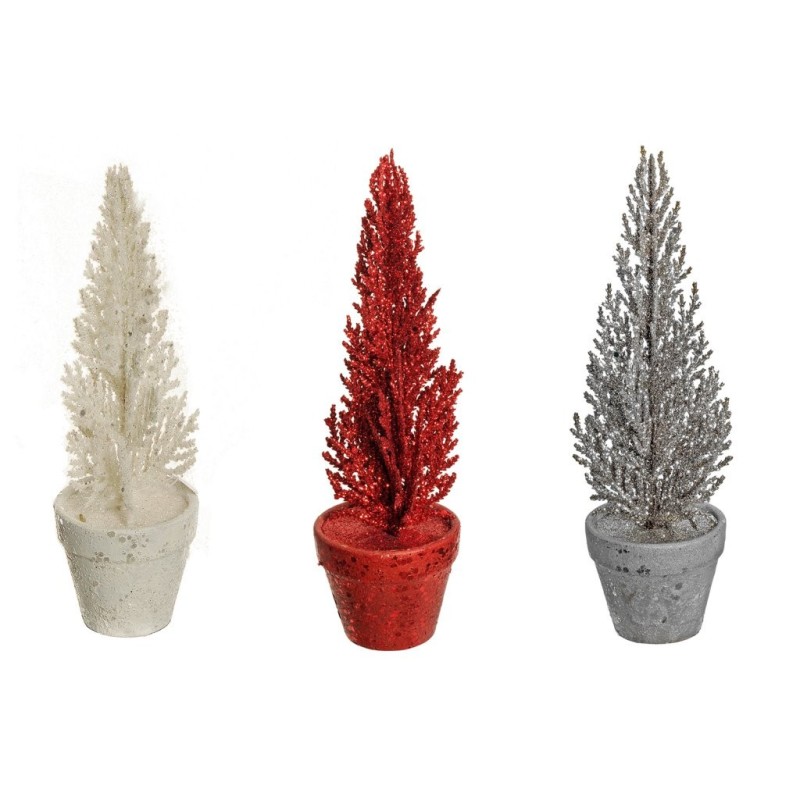 Lot de 12 - Petit sapin de Noël artificiel paillieté sur pot papier, 21 cm - rouge ou argent ou blanc 
