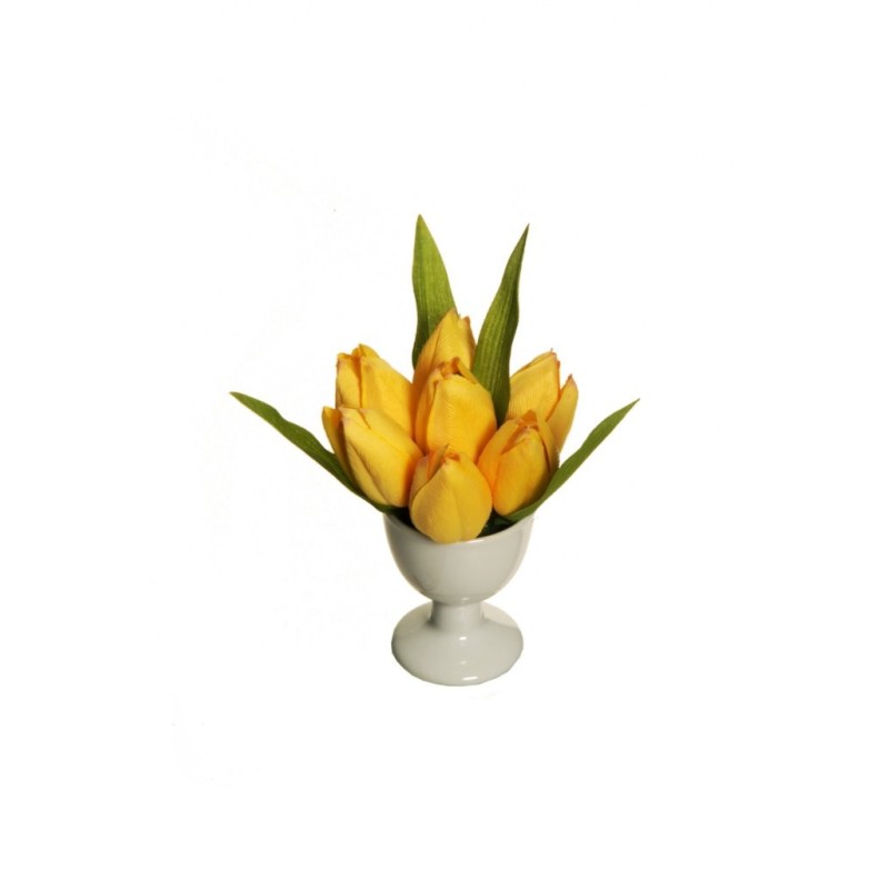 Lot de 8 - Tulipe artificielle sur coquetier céramique, 12,5 cm - jaune marron 