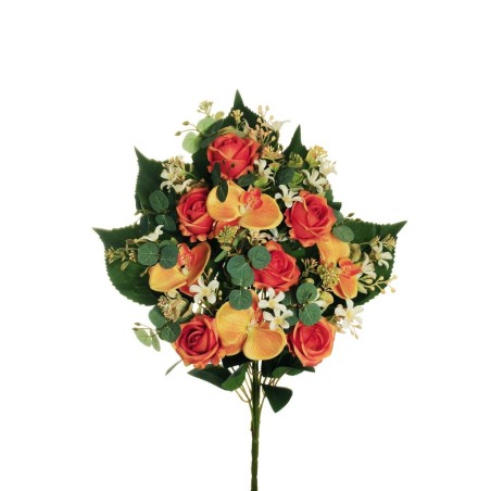 Lot de 6 - Demi-buisson artificiel rose et phalaenopsis X10, 56 cm - orange 