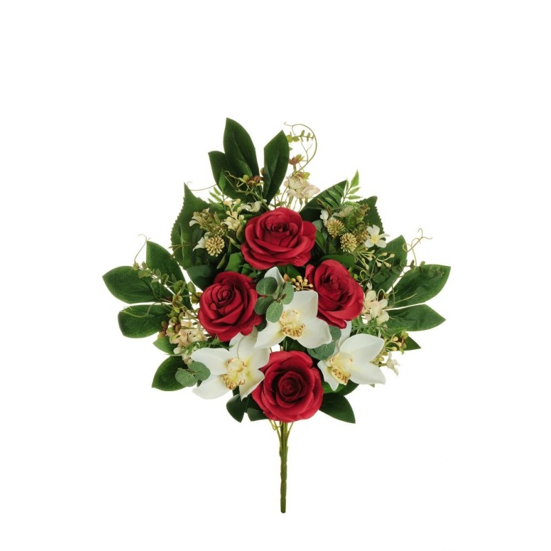 Lot de 6 - Demi-buisson artificiel rose et cymbidium X12, 56 cm - rouge blanc 