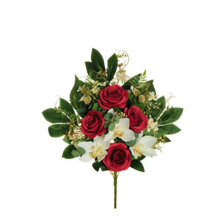 Lot de 6 - Demi-buisson artificiel rose et cymbidium X12, 56 cm - rouge blanc 