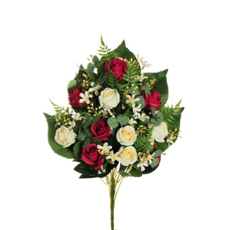Lot de 6 - Demi-buisson artificiel de mini-roses X11, 56 cm - rouge crème 