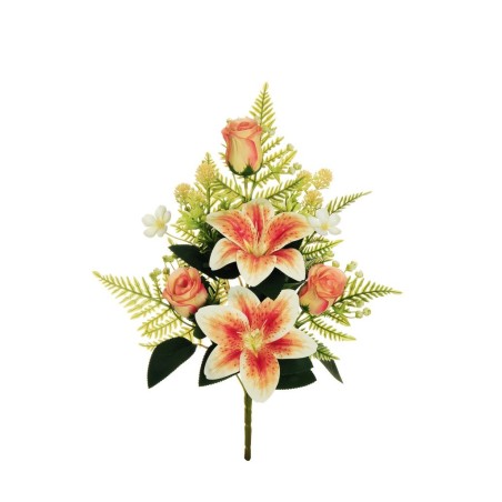 Lot de 12 - Demi-buisson artificiel lys tigré et boutons de rose X7, 42 cm - orange 