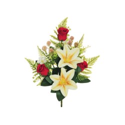Lot de 12 - Demi-buisson artificiel lys tigré et boutons de rose X7, 42 cm - rouge jaune clair 