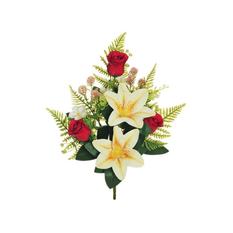 Lot de 12 - Demi-buisson artificiel lys tigré et boutons de rose X7, 42 cm - rouge jaune clair 
