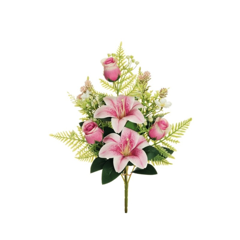 Lot de 12 - Demi-buisson artificiel lys tigré et boutons de rose X7, 42 cm - rose 