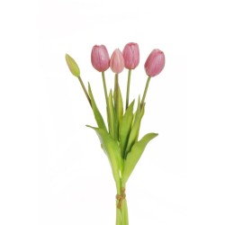 Lot de 12 Bouquet de tulipes en caoutchouc x5 avec 3 fleurs, 2 boutons et 8 feuilles, 39 cm artificiel lilas 