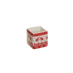 Lot de 6 - Pot céramique Noël carré avec rennes et cadeaux, 7 cm - rouge blanc 