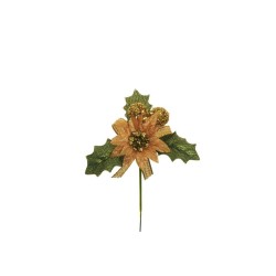 Lot de 48 - Pic artificiel poinsettia, baies et ruban, 14 cm - or vert 