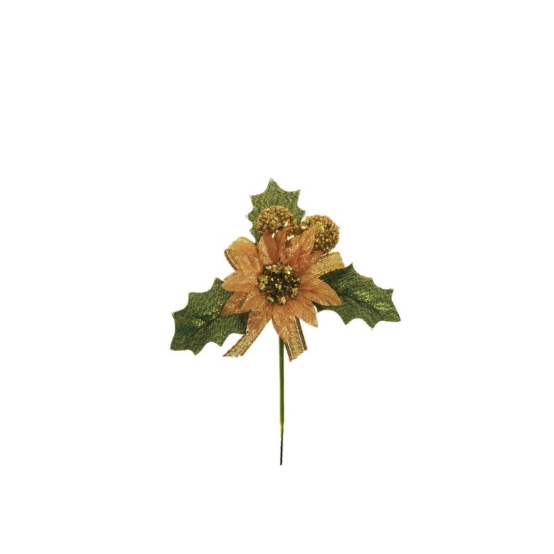 Lot de 48 - Pic artificiel poinsettia, baies et ruban, 14 cm - or vert 