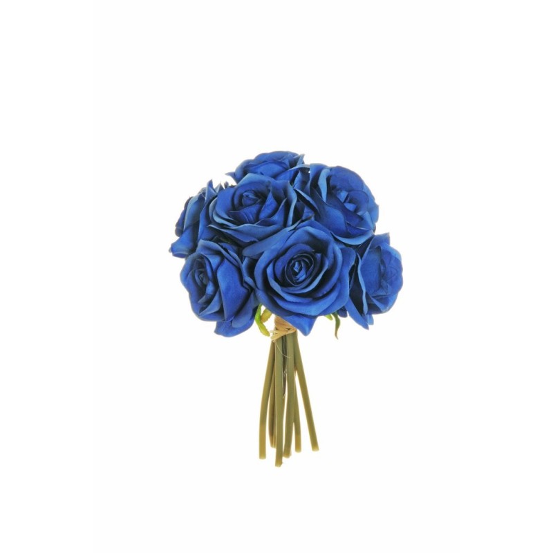 Lot de 12 - Bouquet artificiel de roses bridal X9, 25 cm - bleu foncé 