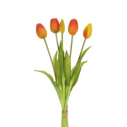 Lot de 12 Bouquet de tulipes en caoutchouc x5 avec 3 fleurs, 2 boutons et 8 feuilles, 39 cm artificiel orange 