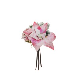 Lot de 18 - Bouquet artificiel grand bouton de rose, poinsettia, pin et pommes de pin enneigées X3, 27,5 cm - rose vert 