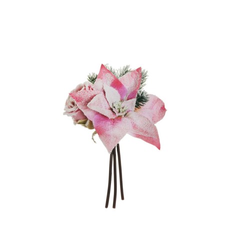 Lot de 18 - Bouquet artificiel grand bouton de rose, poinsettia, pin et pommes de pin enneigées X3, 27,5 cm - rose vert 