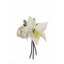 Lot de 18 - Bouquet artificiel grand bouton de rose, poinsettia, pin et pommes de pin enneigées X3, 27,5 cm - blanc 