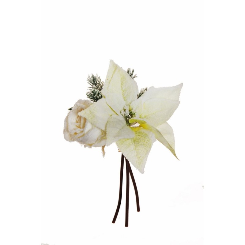 Lot de 18 - Bouquet artificiel grand bouton de rose, poinsettia, pin et pommes de pin enneigées X3, 27,5 cm - blanc 