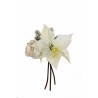 Lot de 18 - Bouquet artificiel grand bouton de rose, poinsettia, pin et pommes de pin enneigées X3, 27,5 cm - blanc 