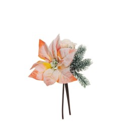 Lot de 18 - Bouquet artificiel grand bouton de rose, poinsettia, pin et pommes de pin enneigées X3, 27,5 cm - saumon 