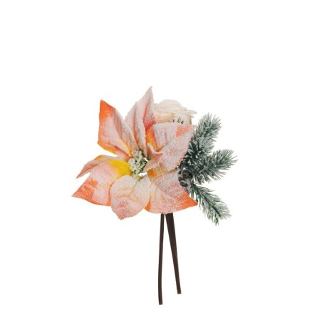 Lot de 18 - Bouquet artificiel grand bouton de rose, poinsettia, pin et pommes de pin enneigées X3, 27,5 cm - saumon 