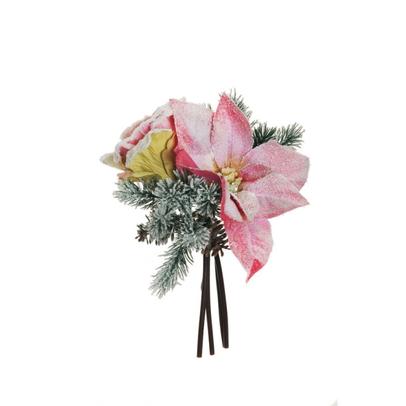 Lot de 12 - Bouquet artificiel rose Regina, poinsettia, pin et pommes de pin enneigées X4, 29 cm - rose vert 