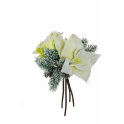 Lot de 12 - Bouquet artificiel rose Regina, poinsettia, pin et pommes de pin enneigées X4, 29 cm - vert 