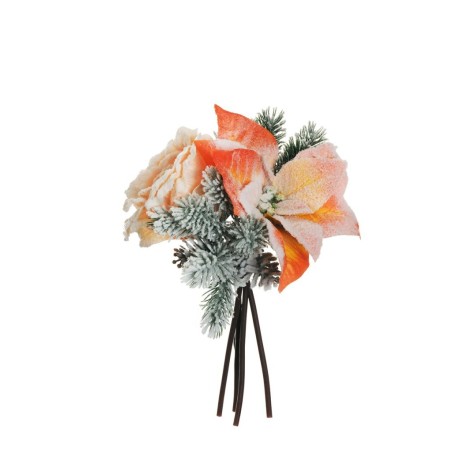 Lot de 12 - Bouquet artificiel rose Regina, poinsettia, pin et pommes de pin enneigées X4, 29 cm - saumon 