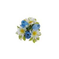 Lot de 24 - Couronne de bougie artificielle tulipe et marguerite sauvage, D. 10 cm - bleu blanc 