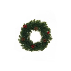 Lot de 12 - Couronne artificielle de pin avec baies et pommes de pin, D. 50 cm - vert 
