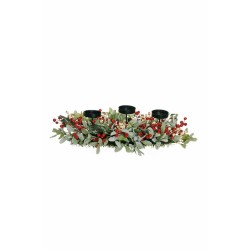 Lot de 4 - Bougeoir artificiel feuilles de gui, baies et pin (3 bougies), 69 cm - vert 