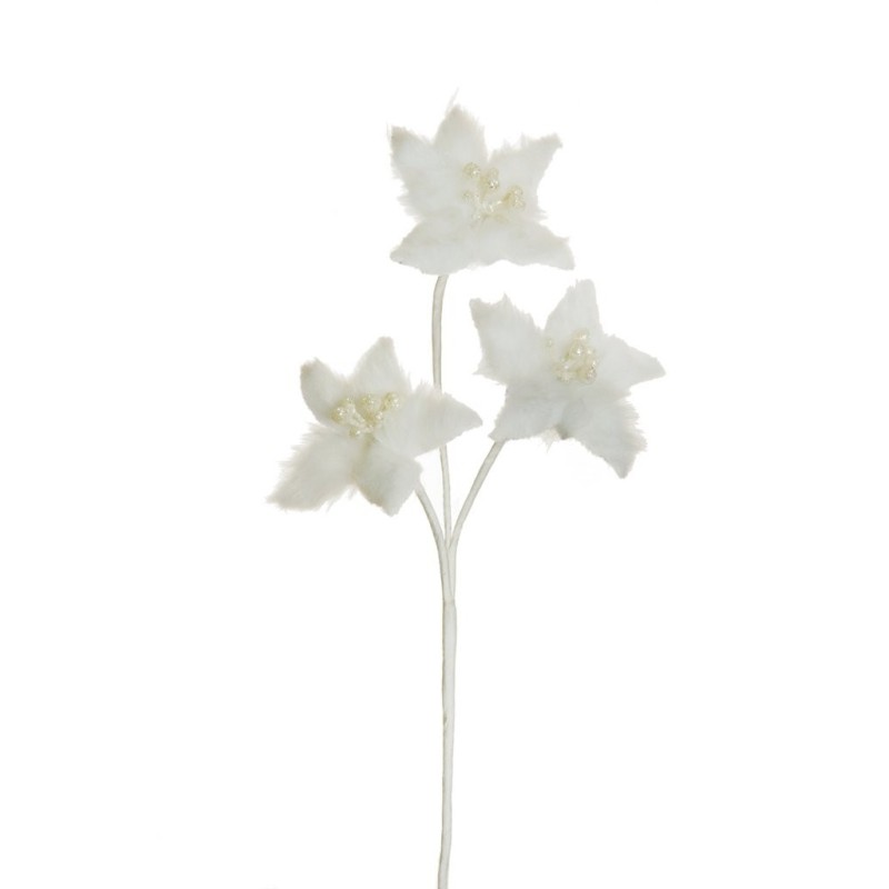 Lot de 24 - Tige artificielle de poinsettia en fourrure pailleteuse X3, 59 cm - blanc 