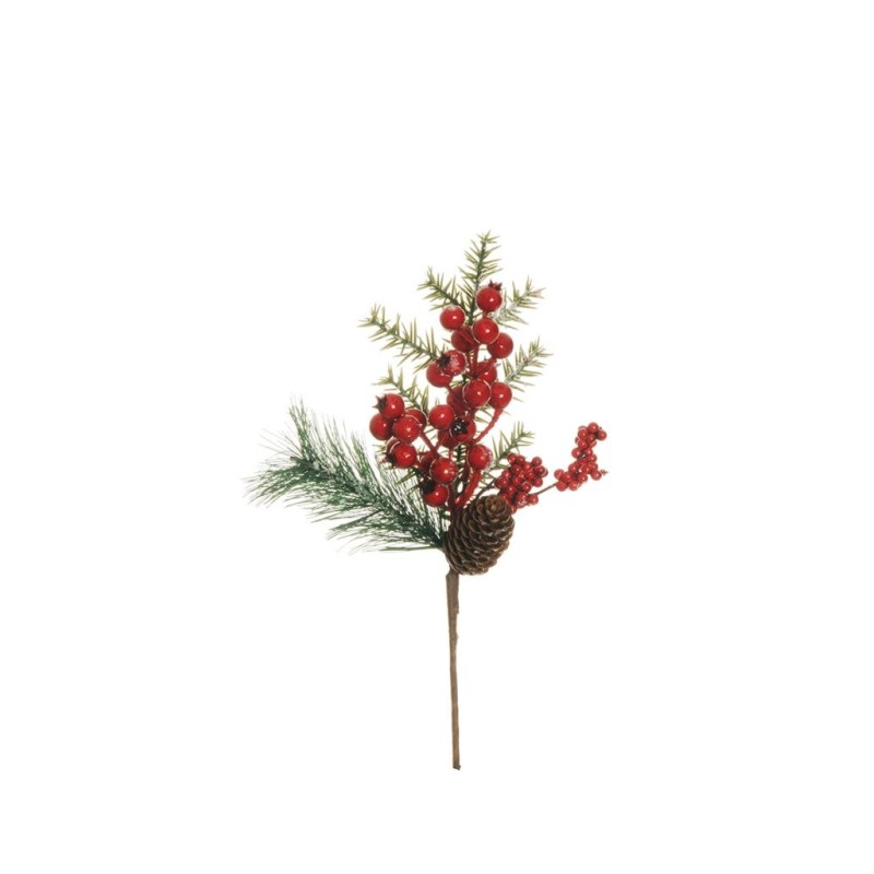 Lot de 24 - Pic artificiel pin, baies et pommes de pin, 35 cm - rouge 