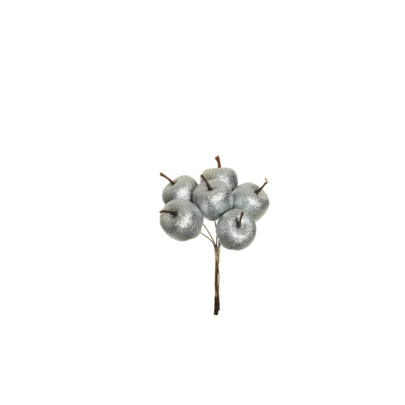 Lot de 48 - Bouquet pic artificiel de pommes moyennes pailleteuses X6, 13 cm - argent 