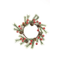 Lot de 12 - Couronne de bougie artificielle pin, pommes de pin et baies glacées, D. 26 cm - vert rouge 
