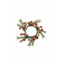 Lot de 24 - Couronne de bougie artificielle pin, pommes de pin et baies glacées, D. 22 cm - vert rouge 