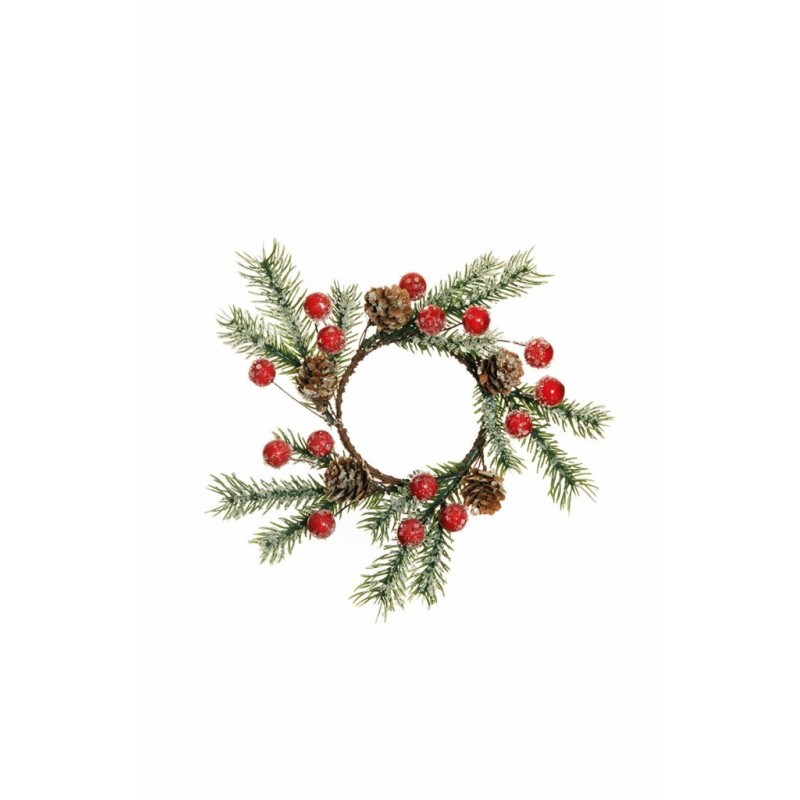 Lot de 24 - Couronne de bougie artificielle pin, pommes de pin et baies glacées, D. 22 cm - vert rouge 