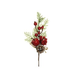 Lot de 48 - Pic artificiel pomme de pin, pomme, baies, cyprès et ruban en jute, 27,5 cm - rouge 