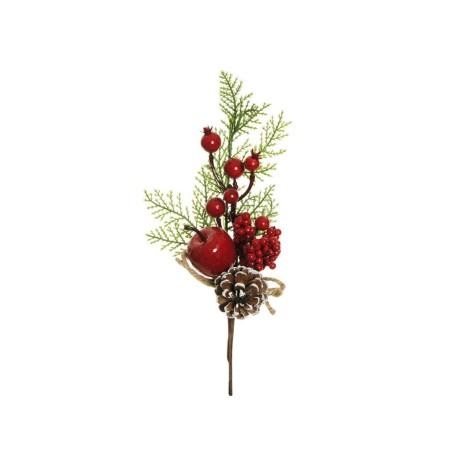 Lot de 48 - Pic artificiel pomme de pin, pomme, baies, cyprès et ruban en jute, 27,5 cm - rouge 
