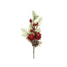 Lot de 48 - Pic artificiel pomme de pin, pomme, baies, cyprès et ruban en jute, 27,5 cm - rouge 