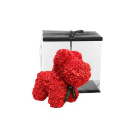 Lot de 16 - Chiot en peluche en roses avec nœud noir et boîte, 30 cm - rouge 
