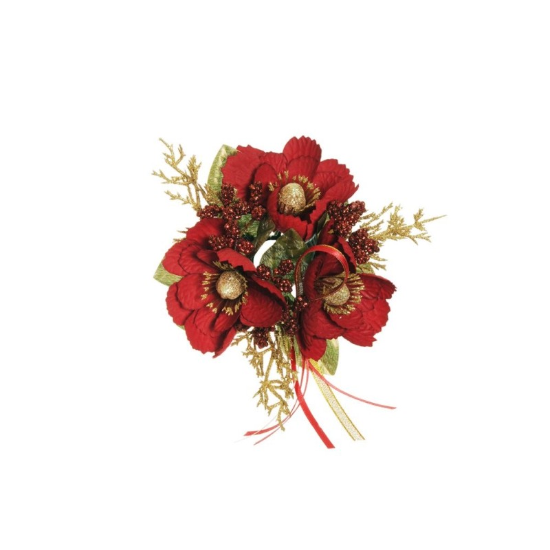 Lot de 24 - Couronne de bougie artificielle cosmos, blé, fougère et ruban, D. 12 cm - rouge 