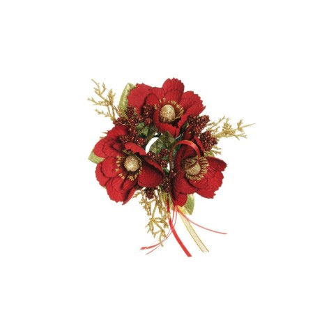Lot de 24 - Couronne de bougie artificielle cosmos, blé, fougère et ruban, D. 12 cm - rouge 