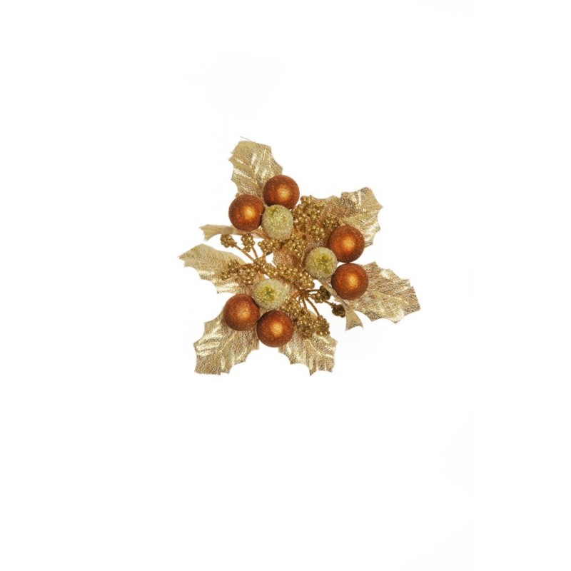 Lot de 24 - Couronne de bougie artificielle baies glacées, grenades, houx et blé pailleteux, D. 12 cm - or cuivre 
