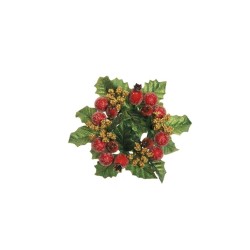 Lot de 12 - Couronne de bougie artificielle baies glacées, grenades, houx et blé pailleteux, D. 16 cm - rouge or vert 