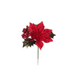 Lot de 36 - Pic artificiel poinsettia, perles glacées et houx, 16 cm - rouge 