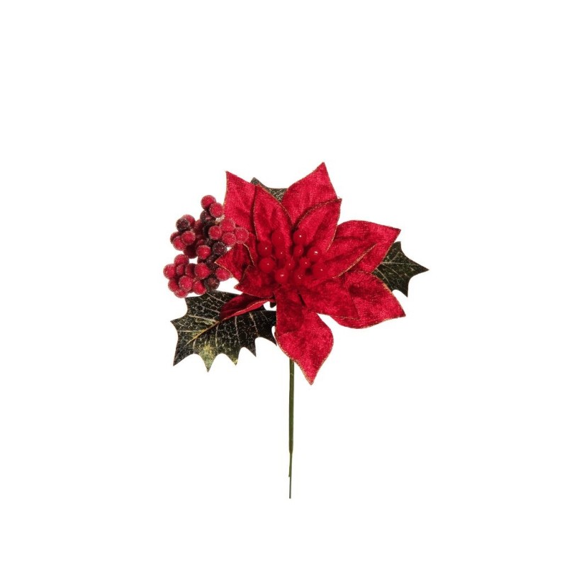 Lot de 36 - Pic artificiel poinsettia, perles glacées et houx, 16 cm - rouge 