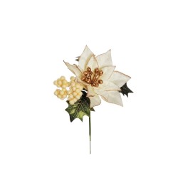 Lot de 36 - Pic artificiel poinsettia, perles glacées et houx, 16 cm - crème 