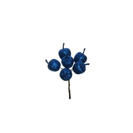 Lot de 48 - Bouquet pic artificiel de petites pommes pailleteuses X6, 12 cm - bleu 