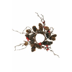 Lot de 12 - Couronne de bougie artificielle pommes de pin, baies et brindilles enneigées, D. 20 cm - marron rouge 