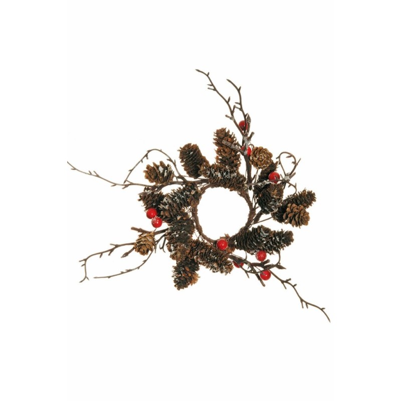 Lot de 12 - Couronne de bougie artificielle pommes de pin, baies et brindilles enneigées, D. 20 cm - marron rouge 