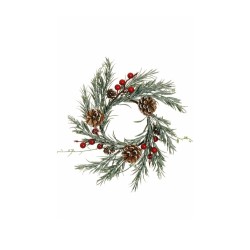 Lot de 12 - Couronne de bougie artificielle moyenne romarin, baies et pommes de pin enneigées, D. 28 cm - rouge 